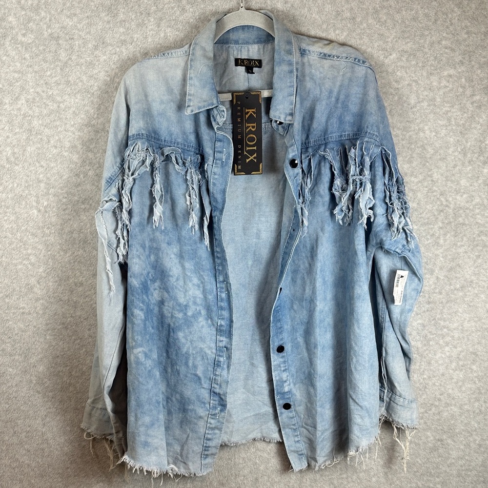 NEW KROIX Light Wash Fringe Denim Shirt Size 2X Western Grunge Distressed